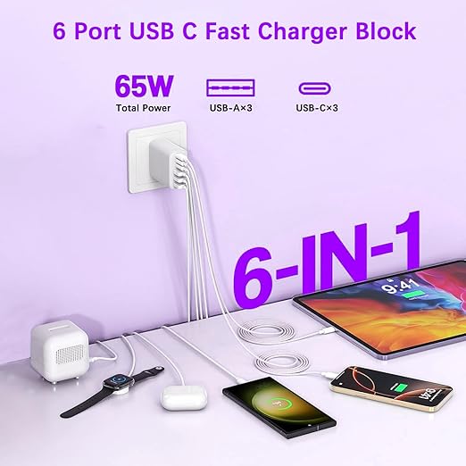 65W USB C Charger Block,6-Port iPhone Charger Fast Charging,Multiport PD 3.0 Type C Chargers Brick QC Power Charger Adapter for iPhone 17/16/15/14/13/12 Pro Max,iPad,iPod,AirPods Pro,Samsung S26 S25
