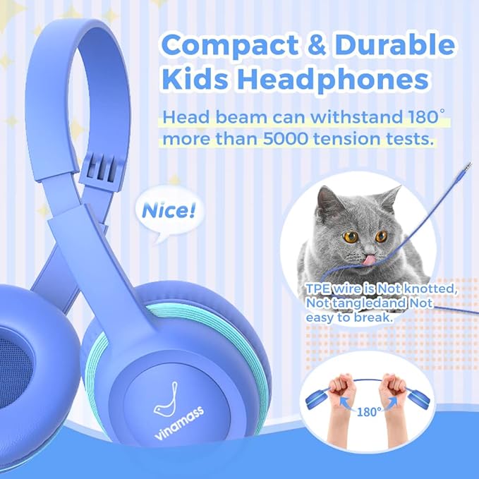 Kids Headphones, Wired Headphones for Kid with Safe Volume Limiter, Kid Headphone with Cord 3.5mm Jack, On-Ear Girls Boys Toddler Headphone for School ﻿