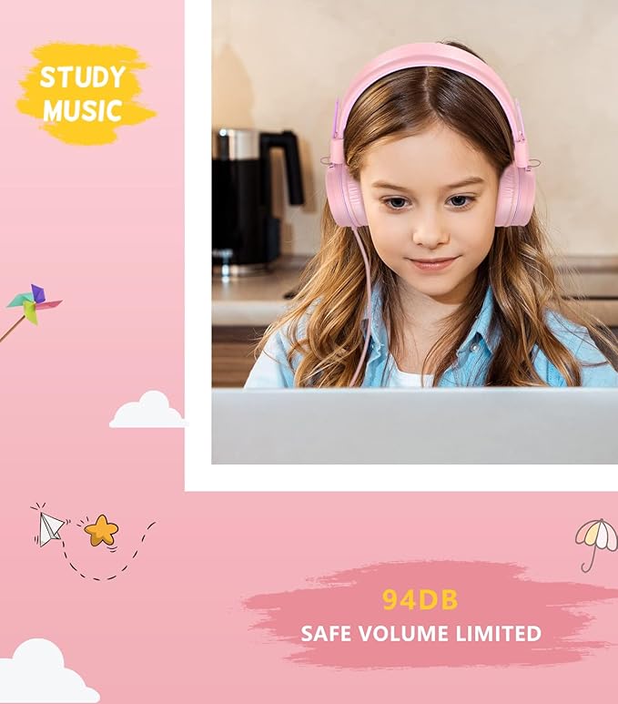 Upgrade USB Type C Kids Headphone for School, 94dB Safe Volume Limited, HD Stereo Sound, Foldable Lightweight On-Ear Headphones for Boys/Girls/Students/Tablet/Travel(Light Pink)