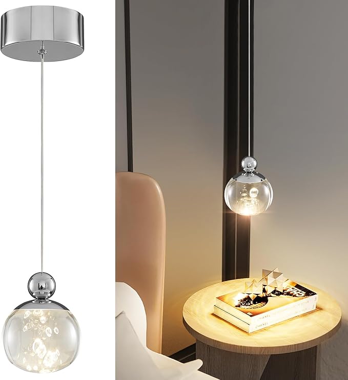 Modern Pendant Lighting ,6W Dimmable LED Chandelier with Remote, Updated Acrylic Housing and Bubble Kitchen Light for Kitchen,Dining Room,Living Room,Corridor and Bar, 3000-6500K (Nickel D4.7inch )