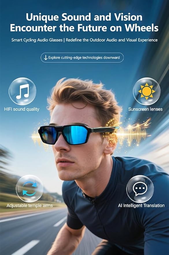 QY-Pro5 Smart Bluetooth Cycling Glasses - HIFI Sound, AI Translation, UV400 Lenses, 6H Playtime for Outdoor Sports (Riding/Skiing/Fishing)-Grey Lenses