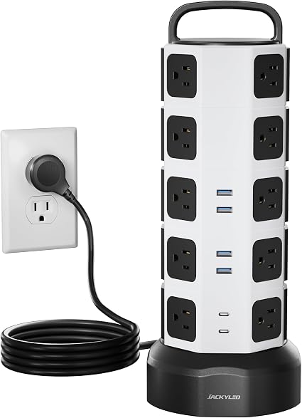 JACKYLED Power Strip Tower Surge Protector, 20 AC 6 USB (2 USB C), 1050J