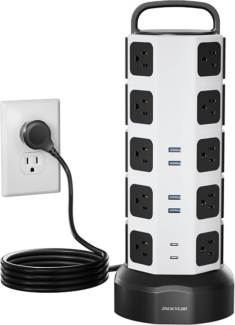 JACKYLED Power Strip Tower Surge Protector, 20 AC 6 USB (2 USB C), 1050J