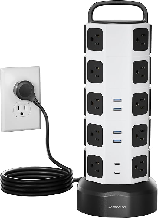 JACKYLED Power Strip Tower Surge Protector, 20 AC 6 USB (2 USB C), 1050J