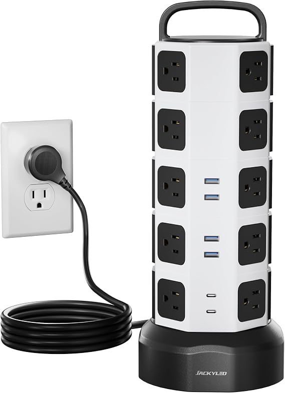 JACKYLED Power Strip Tower Surge Protector, 20 AC 6 USB (2 USB C), 1050J