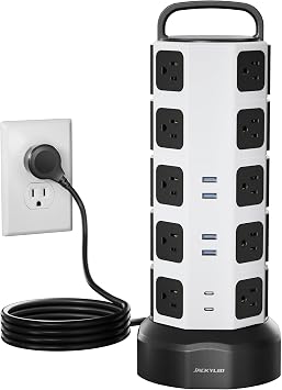 JACKYLED Power Strip Tower Surge Protector, 20 AC 6 USB (2 USB C), 1050J