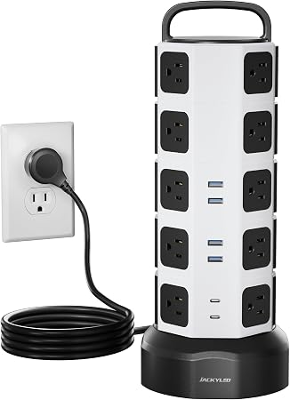 JACKYLED Power Strip Tower Surge Protector, 20 AC 6 USB (2 USB C), 1050J