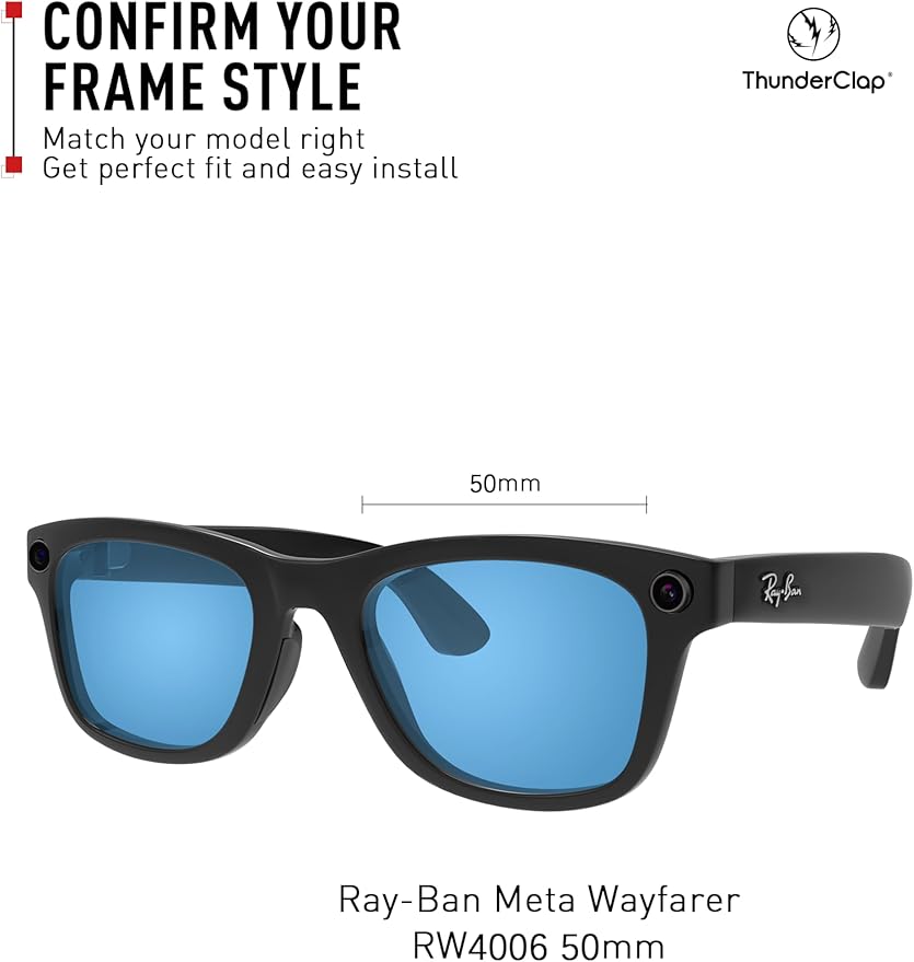 ThunderClap POLARIZED Replacement Lenses Compatible with Ray-Ban Meta Wayfarer RW4006 50mm | RW4008 53mm Smart Glasses