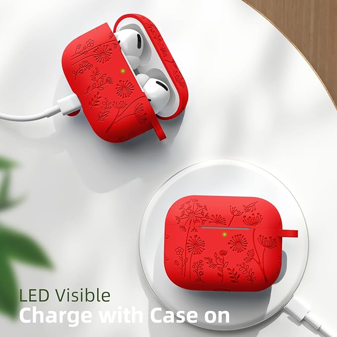Lerobo Flower Engraved Cover Compatible with Airpod Pro Case Funny, Soft Silicone Protective Case for Airpods Pro 2nd 1st Generation Case USB C, Cute, Skin Frienfly, Front LED Visible, Red