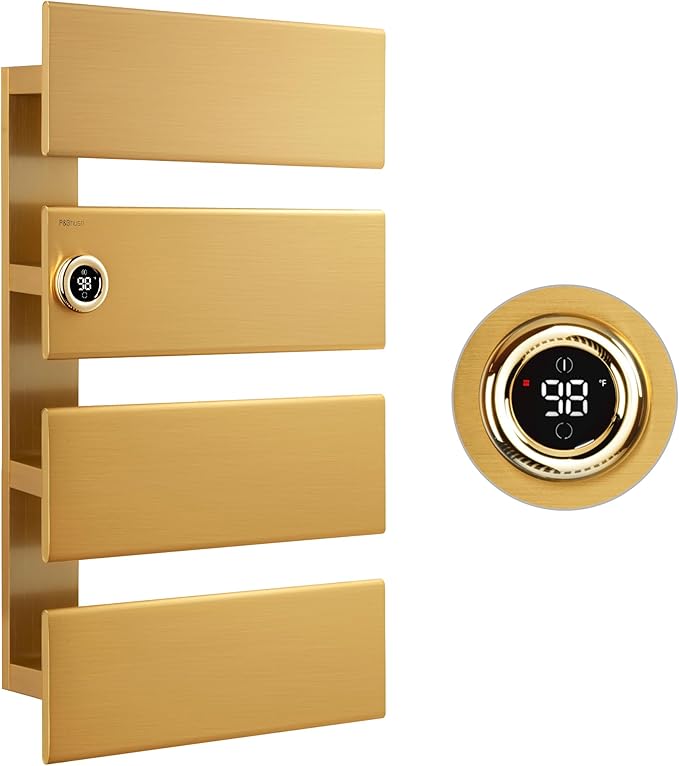 P&Bhusri Electric Heated Towel Rack, Gold Towel Warmer with Adjustable Temperature (98–149°F) and Timer (1-24h, On), Fast Heating and Drying for Bathroom, Memory & Remote Control Compatible