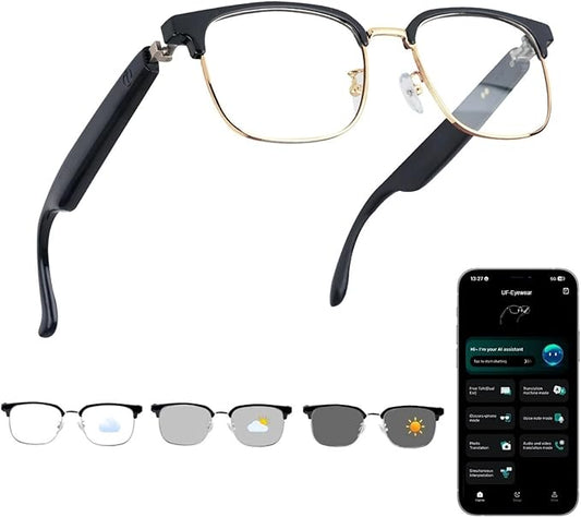 AI Smart Glasses, Bluetooth Audio Glasses with Real-Time Translator for 164 Languages, No subscription for APP, Photochromic Lens, Spring Hinges, Bluetooth Glasses for Travel/Work/Study(Gold)