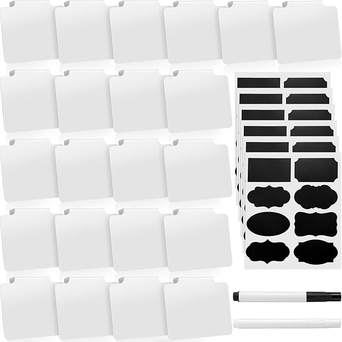 29 Pieces Basket Labels Clip on for Storage Bins Includes 22 Kitchen Bin Label Holder Removable PVC Clip Label Holders for Baskets and 2 Chalk Markers for Storage Basket (White)