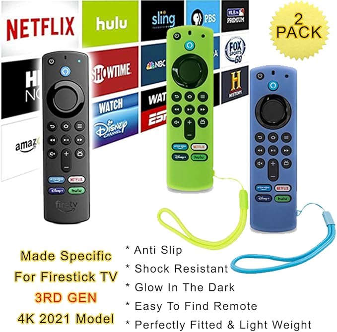 Firestick Remote Cover Case Compatible with 3rd Gen 2 Pack Fire TV Stick 2021 4K Alexa Voice Remote Control Glow in The Dark Non Slip Silicone Protective Shock Resistant Sleeve with Lanyard