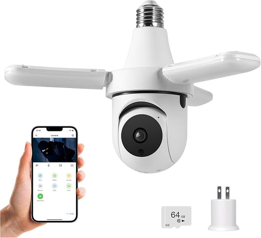 TOWODE Light Bulb Security Camer,LED Light Bulb Camera 3MP HD Smart Garage Security Camera with AI Human Detection,Two-Way Audio,Color Night Vision,Compatible with Alexa（with 64G TFcard）