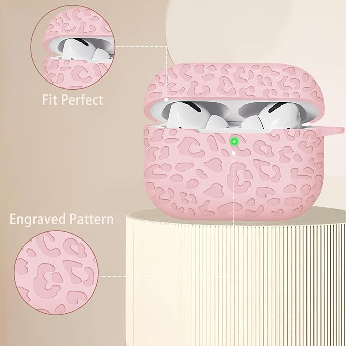 Carving Case Compatible with AirPods Pro 3 Generation 2025 Cover with Keychain, Gawnock Engraved Leopard Skin Soft Cover for AirPods Pro 3 Case Full Protection,Front LED Visible, Pink