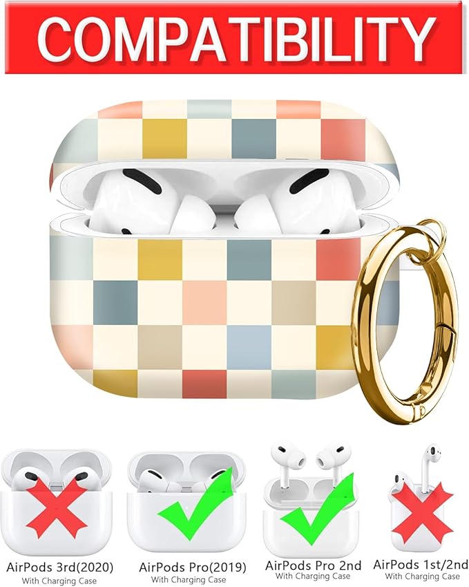 Compatible with AirPod Pro Case 2nd/1st Gen (2023/2022/2019),Shockproof Protective Cover with Keychain for Women,Cute Charging Case for Airpod Pro 2/1(Checkered Beige Light Colors)