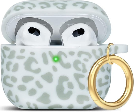 Silicone Leopard Compatible with AirPods 3 Case 2021, Gawnock Soft Case Compatible with AirPods 3rd Generation Floral Print Cover for Women Girls with Keychain (Light Green Leopard)