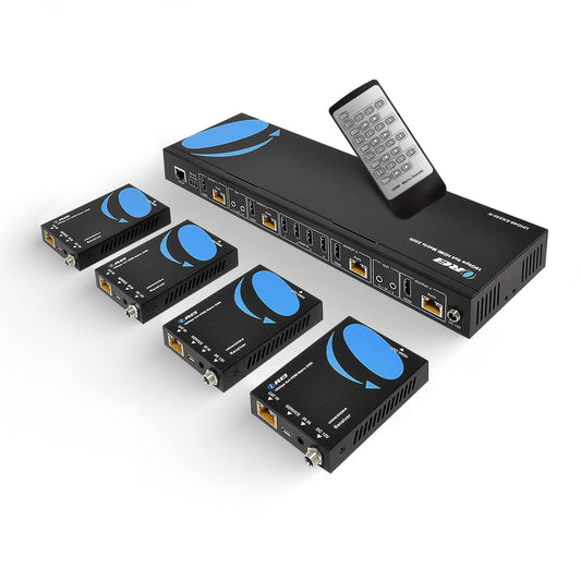 4K 4x4 HDMI Extender Matrix by OREI - UltraHD 4K @ 60Hz 4:4:4 Over Single CAT5e/6/7 Cable with HDR Switcher & IR Control, RS-232 - Up to 230 Ft - 1080P Downscale - 4 x Loop Out - 4 Receivers Included