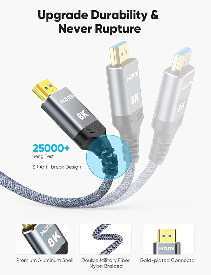 Highwings Long 8K Fiber Optic HDMI Cable 49FT, 2.1 Unidirectional 48Gbps High-Speed Slim HDMI Braided Cord 8K60Hz 4K120Hz HDR/eARC HDCP 2.2/3D Compatible for PS5 and DVD Player
