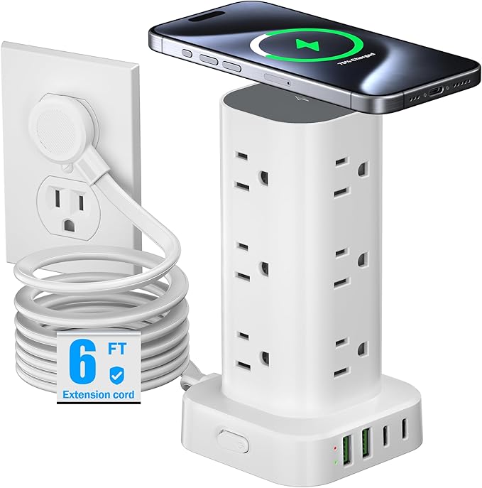 Tower Power Strip with 15W Wireless Charger - 12 Outlets 4 USB Ports White