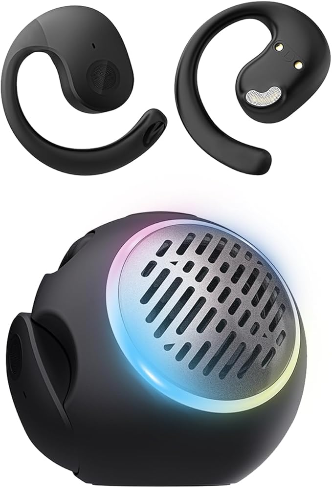 Waterproof Small Mini Portable Bluetooth Speaker with Earbuds, Open Ear Headphones Over the Ear Earbuds Wireless for Kids, OWS Hanging Earphones Air Bone Conduction Headphones 5.4 Bluetooth Headset
