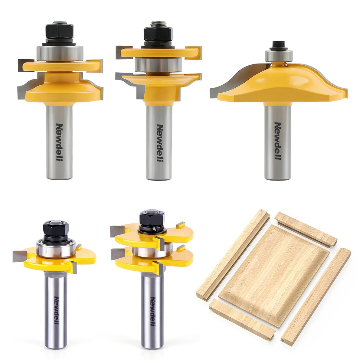 Newdeli 5Pcs Cabinet Door Router Bit Set 1/2" Shank Raised Panel Router Bits Tongue and Groove Router Bit Set Ogee Rail and Stile Router Bits Cabinet Making Tools