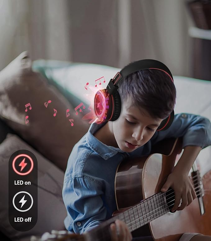 Kid Headphones for School, USB Type C Kids Headphone with LED Lights, Wired Boys Girls Headphones with Safe Limiter 85dB/94dB, Foldable On Ear Headphones with Microphones for School/iPad, Black
