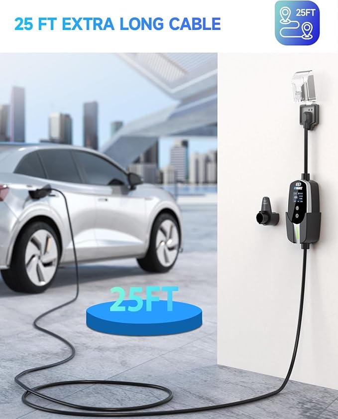 Level 2 EV Charger 40Amp, 240V 9.6KW Portable Electric Vehicle Charging Stations with NEMA 14-50P, 25FT Cable Adjustable Current/Timing Delay Home Electric Car Charger for J1772 BEVs/PHEVs
