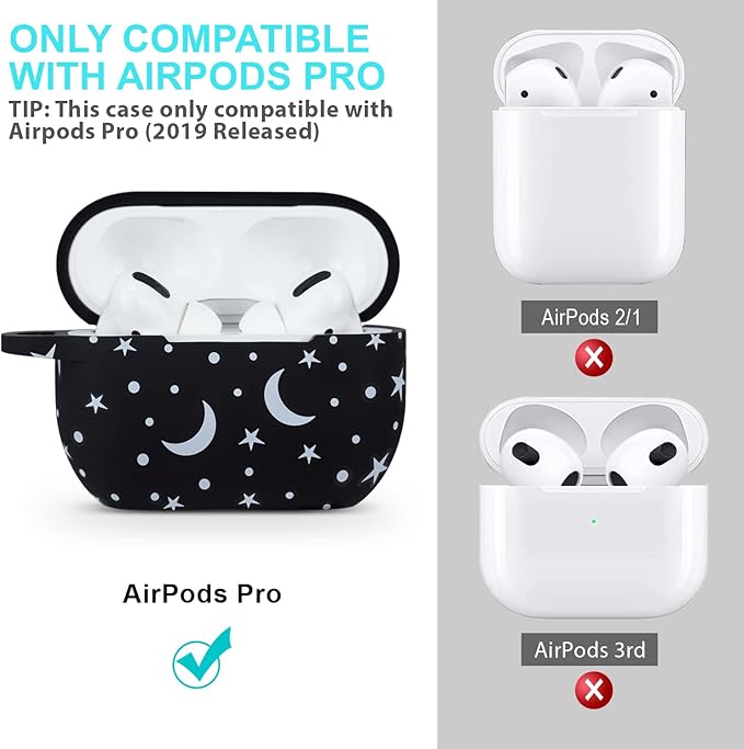 Moon Star Silicone Compatible with AirPods Pro Case 2019, Gawnock Soft Case Cover Flexible for Print Cover for Women Girls with Keychain - Moon/Star