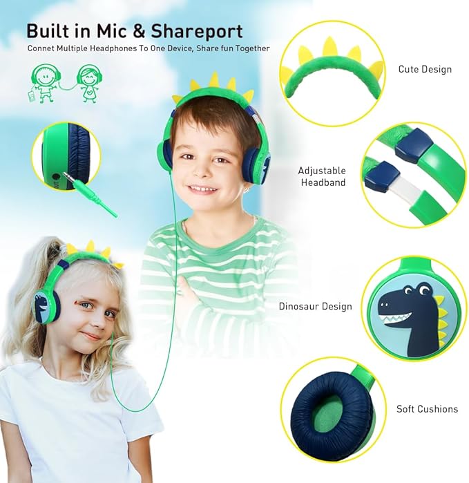 Kids Bluetooth Headphones, with 85dB Volume Limited Adjustable Headphone, Wireless Bluetooth Headphones, Aux 3.5mm Cable Included for Boys Girls Study, School, Kids Headset for ipad/Tablet