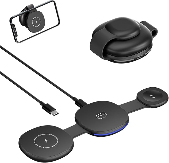 Wireless Charger iPhone Charging Station - 3-in-1 Magnetic MagSafe Charger Multiple Devices for Apple, 15W Fast Charging Foldable Travel Charging Pad for iPhone 17/16/15/14/13/12, AirPods, Apple Watch