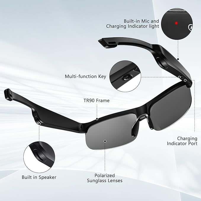 Smart Glasses, Polarized Bluetooth Sunglasses with Speaker, Voice Assistant, Open Ear, UV Protection Outdoor Audio Glass (Black Frame-Black Lens-Style2)