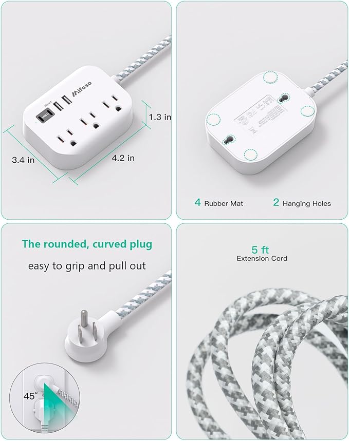 Dorm Room Essentials - 15Ft Power Strip with USB Ports, Flat Extension Cord with Multiple Outlets, Desk Accessories USB Charging Station, Non Surge Protector for Cruise Ship, Travel