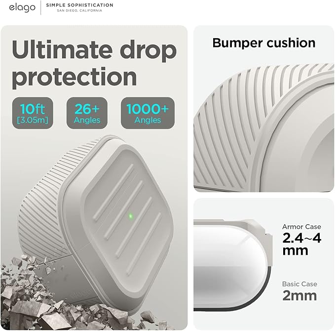 elago Armor Case Compatible with AirPods Pro 2 Case - Lanyard Included, Supports Wireless Charging, Shock Resistant, Full Protection (Stone)