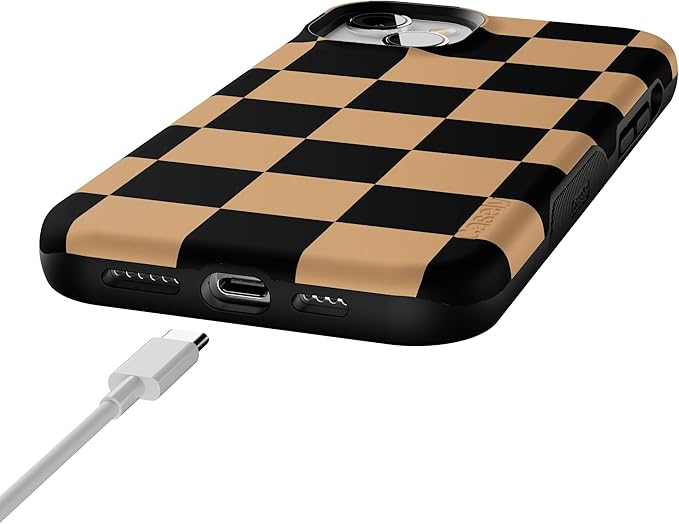Casely iPhone 15 Plus Case | Fit Check | Black & Brown Checkerboard | Bold Protective Design | MagSafe Compatible Design