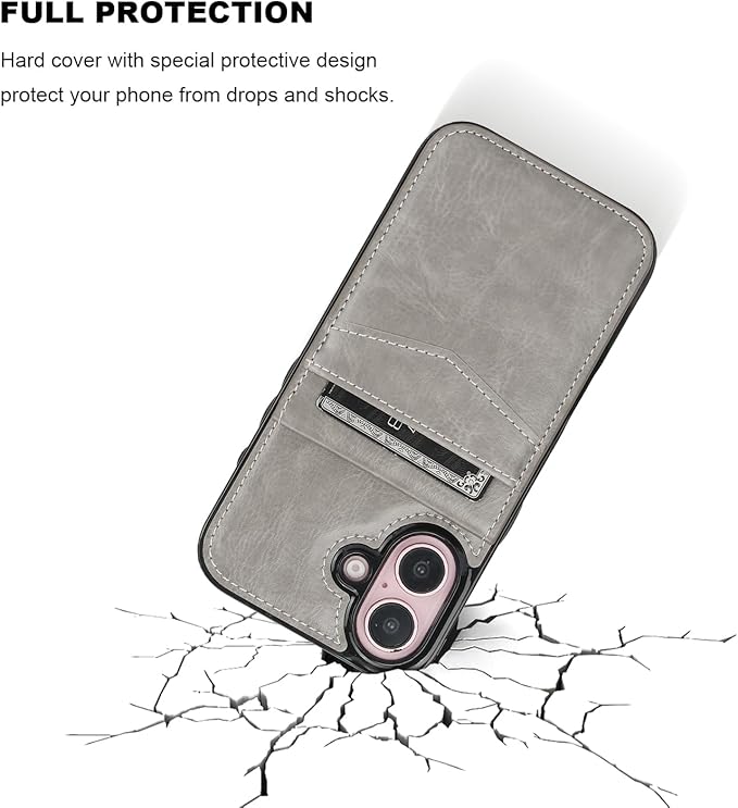 KIHUWEY Compatible with iPhone 16 Case Wallet with Credit Card Holder, Flip Premium Leather Magnetic Clasp Kickstand Heavy Duty Protective Cover for iPhone 16 6.1 Inch (Gray)