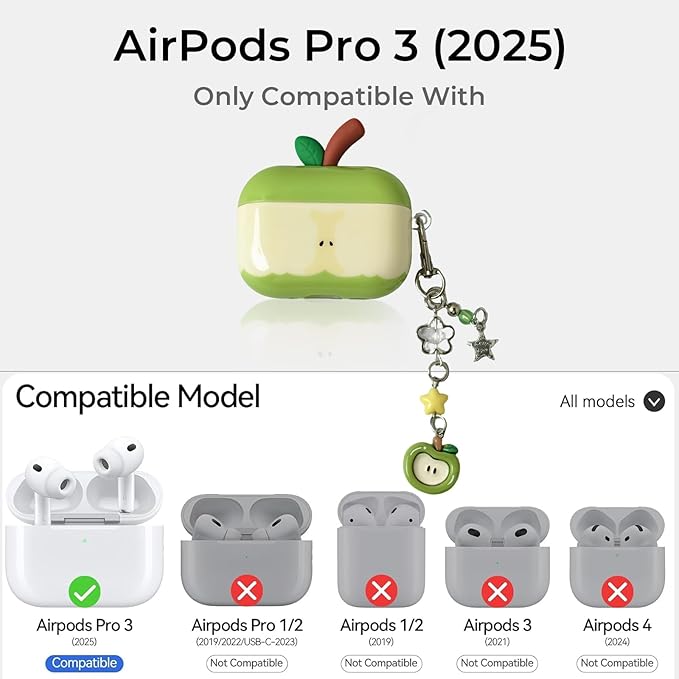for AirPods Pro 3 Case 2025 - Cute 3D Green Apple Design with Apple Pendant Keychain,Soft Shockproof Silicone Cover, for Girls Women