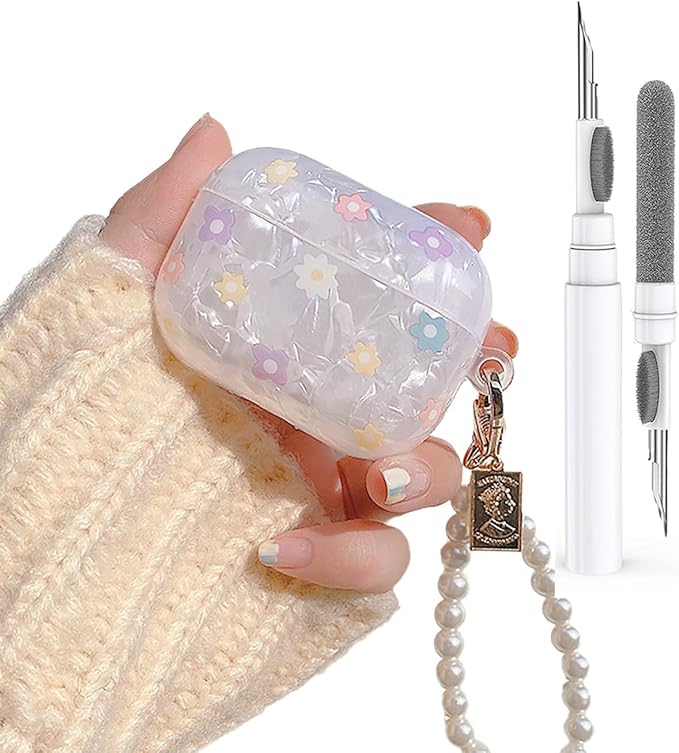 for Cute Glitter Airpods Pro/Pro 2 Gen Case with Cleaner Pen, Shell Pattern iPod Pro 2nd/1st Generation Cover Protective Skin Girl Women with Luxury Pearl Keychain 2023/2022/2019 - Flower