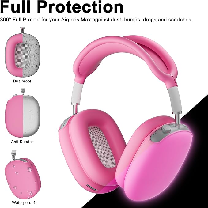 ATUAT for AirPods Max Headphones Case, Protective Silicone Case Cover Skin Accessories Anti-Scratch for Women Men for Apple AirPods Max 2024/2020 (USB-C/Lightning), Fluorescent Pink