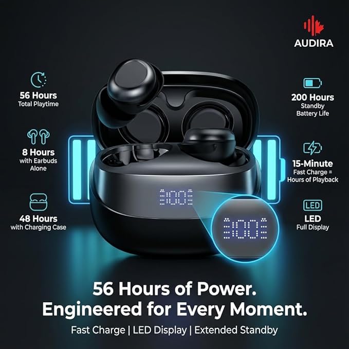 AUDIRA Mini Wireless Sleep Earbuds for Side Sleepers, Bluetooth 5.4 in-Ear Ear Buds with Noise Cancelling, IPX4 Waterproof Headphones, Touch Control, Digital Display Charging Case – Black