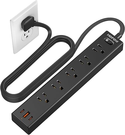 6FT Surge Protector Power Strip, 1700J, 5AC&1A2C, Flat Plug Extension Cord