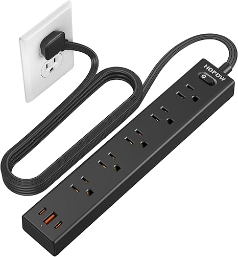 6FT Surge Protector Power Strip, 1700J, 5AC&1A2C, Flat Plug Extension Cord