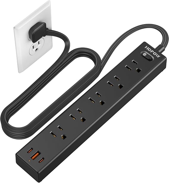 6FT Surge Protector Power Strip, 1700J, 5AC&1A2C, Flat Plug Extension Cord