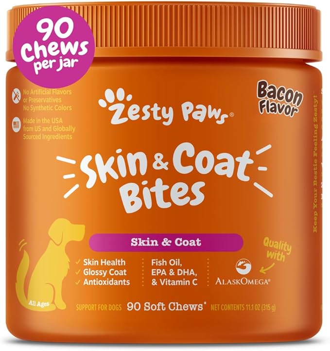 Zesty Paws Omega 3 Fish Oil for Dogs - Zesty Paw Dog Vitamins and Supplements for Hip, Joint & Skin, Bacon (90 Chews)