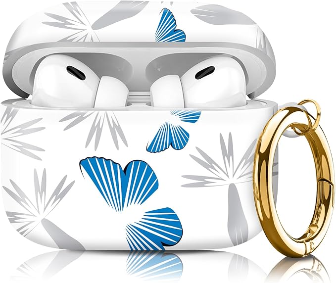 Compatible with Airpod pro 2nd/1st Generation Case Cover with Gold Round Keychain Cute Pattern Hard & Anti Slip Cover for Men Women & Girls（Blue Butterfly）