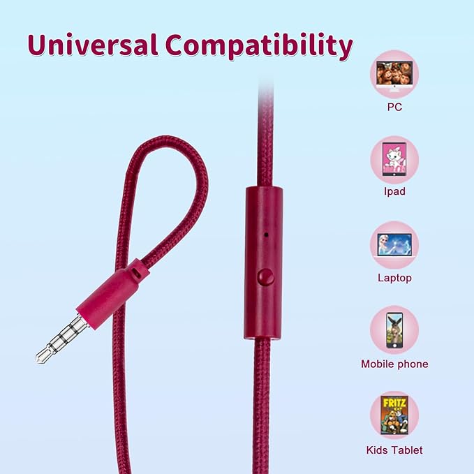 Olyre Kids Headphones,Wired Toddler Teens On-Ear Headphones with HD Microphone,94dB Volume Limit,Tangle-Free 3.5mm Jack Foldable Stereo Children Earphones for School,Tablet,Plane Travel Wine Red