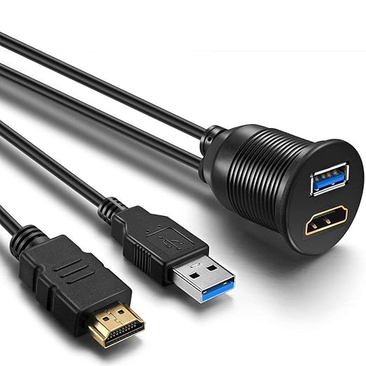 USB3.0 and HDMI Mount Cable – USB3.0 and HDMI Extension Flush, Dash, Panel Mount Cable, for Car, Boat, Motorcycle (3 Feet)