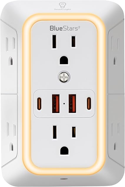 Wall Mount Power Strips Wall Charger 6 Outlet Extender 4 USB Ports (5V, 2.4A, 12W) and Night Light 3-Sided Power Strip with Adapter Spaced Outlets - Multi Plug Outlet Surge Protector, ETL Listed