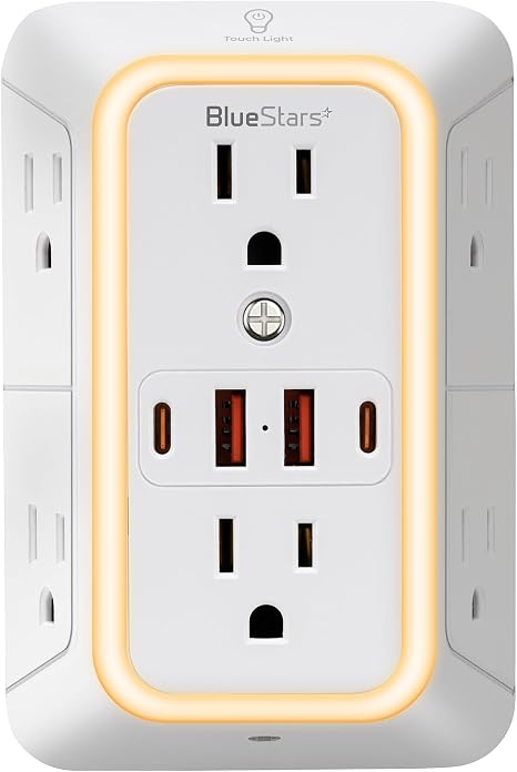Wall Mount Power Strips Wall Charger 6 Outlet Extender 4 USB Ports (5V, 2.4A, 12W) and Night Light 3-Sided Power Strip with Adapter Spaced Outlets - Multi Plug Outlet Surge Protector, ETL Listed