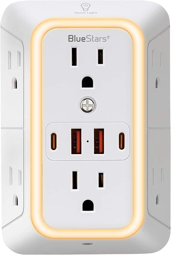 Wall Mount Power Strips Wall Charger 6 Outlet Extender 4 USB Ports (5V, 2.4A, 12W) and Night Light 3-Sided Power Strip with Adapter Spaced Outlets - Multi Plug Outlet Surge Protector, ETL Listed
